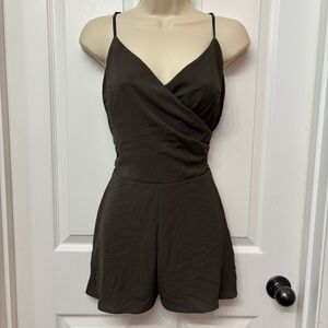 Sage Olive Green Garment Wrap Style Romper with Spaghetti Straps
